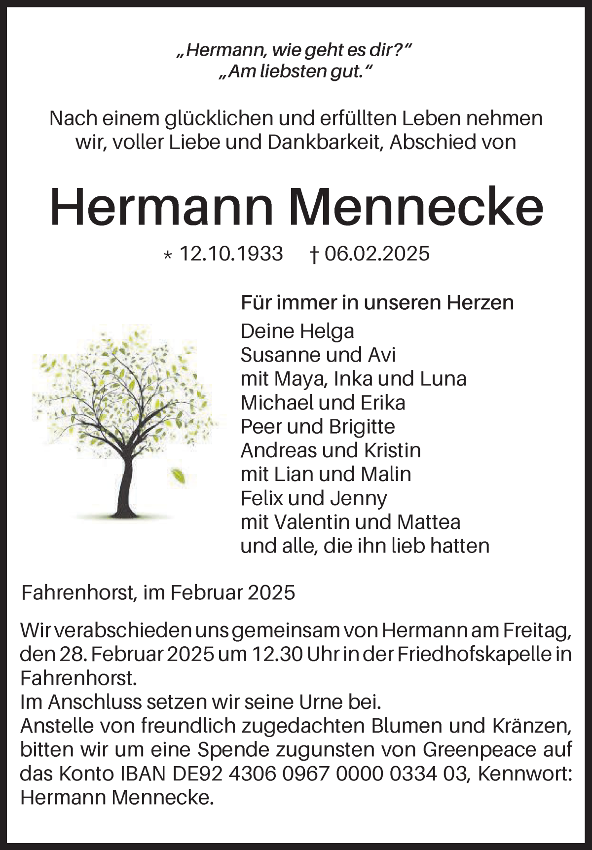 Traueranzeige von Hermann Mennecke von WESER-KURIER
