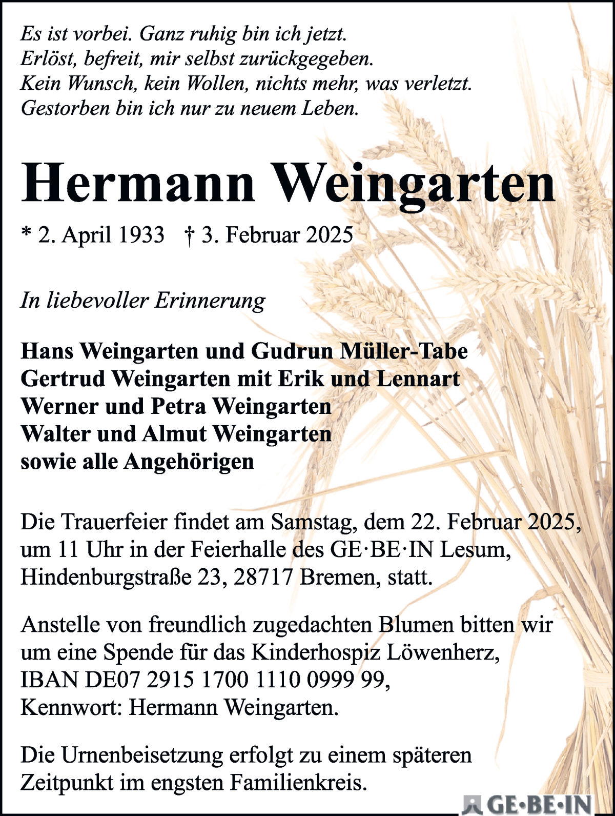 Traueranzeige von Hermann Weingarten von WESER-KURIER