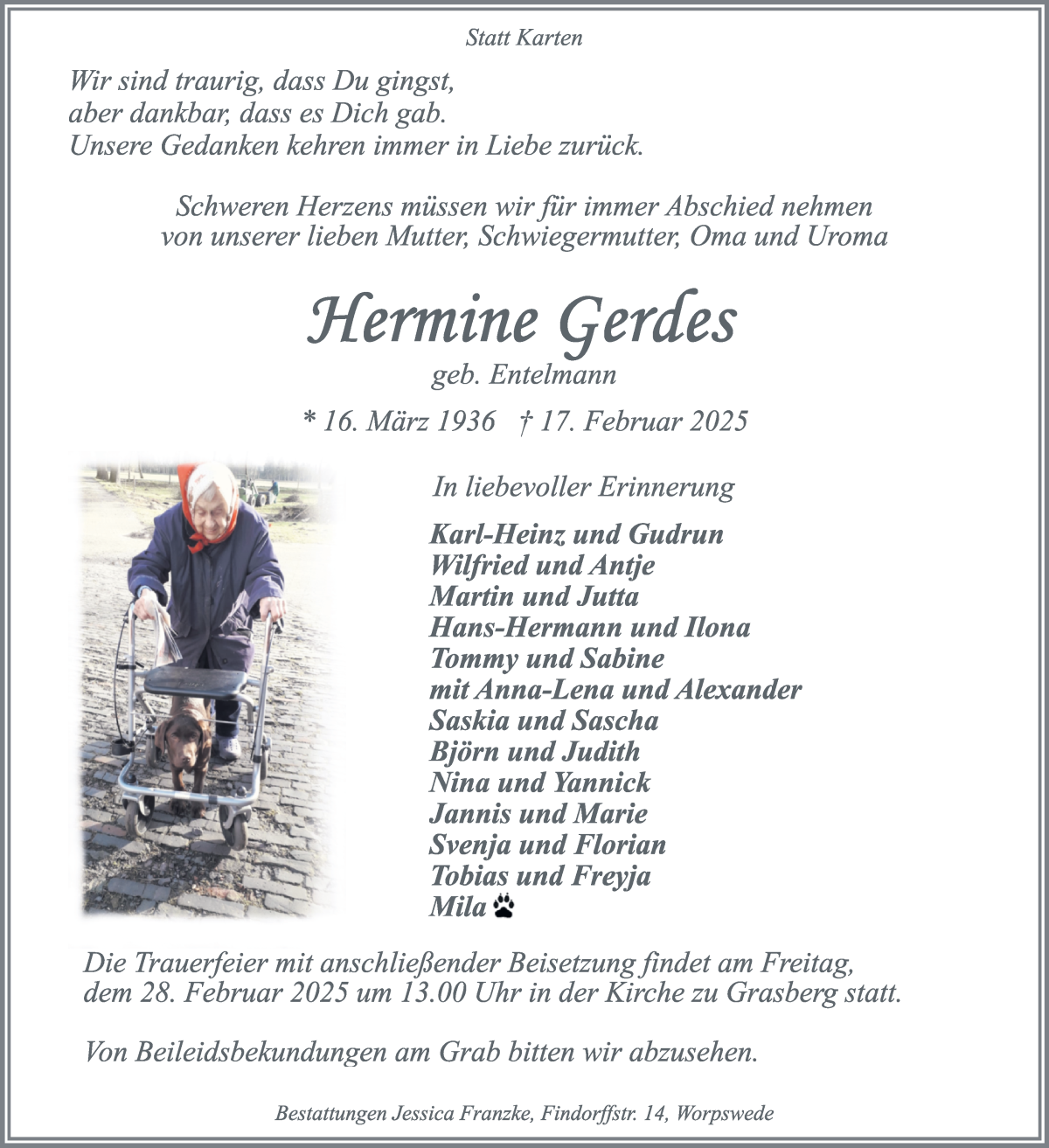 Traueranzeige von Hermine Gerdes von Wuemme Zeitung