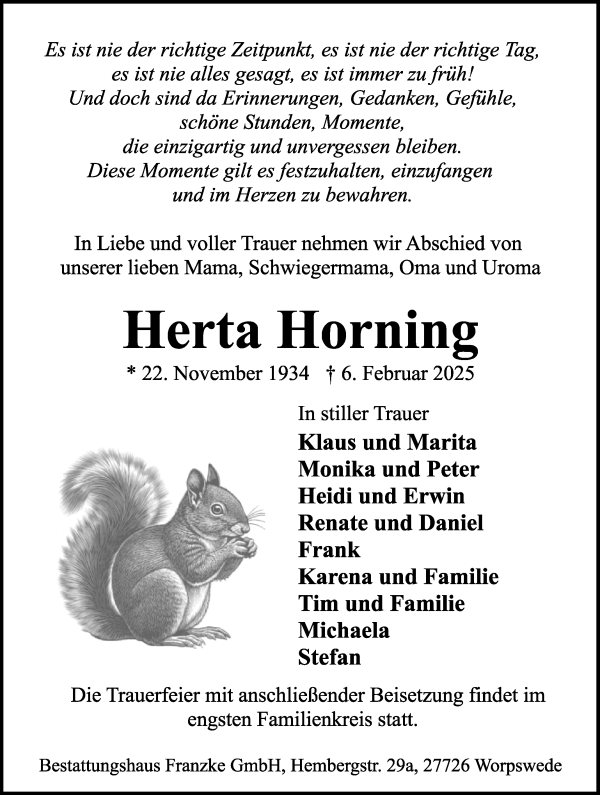 Traueranzeige von Herta Horning von Wuemme Zeitung