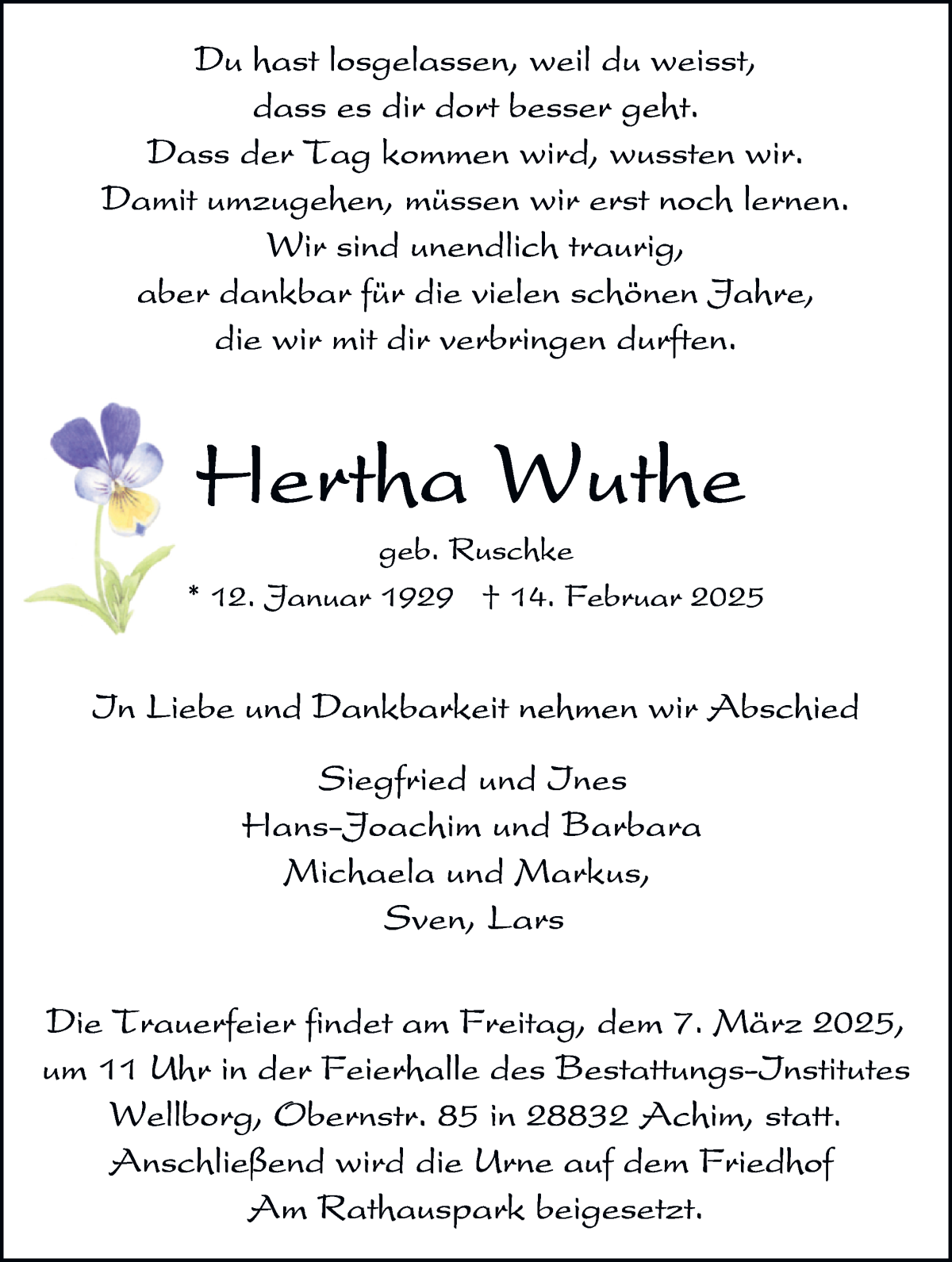 Traueranzeige von Hertha Wuthe von Achimer Kurier/Verdener Nachrichten