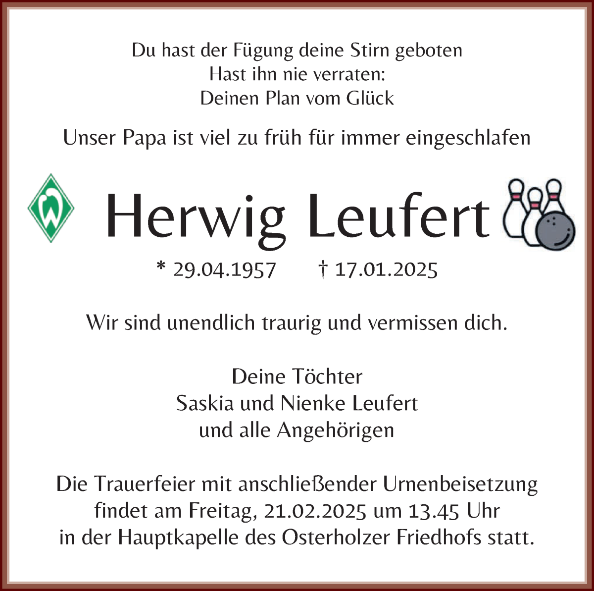 Traueranzeige von Herwig Leufert von WESER-KURIER