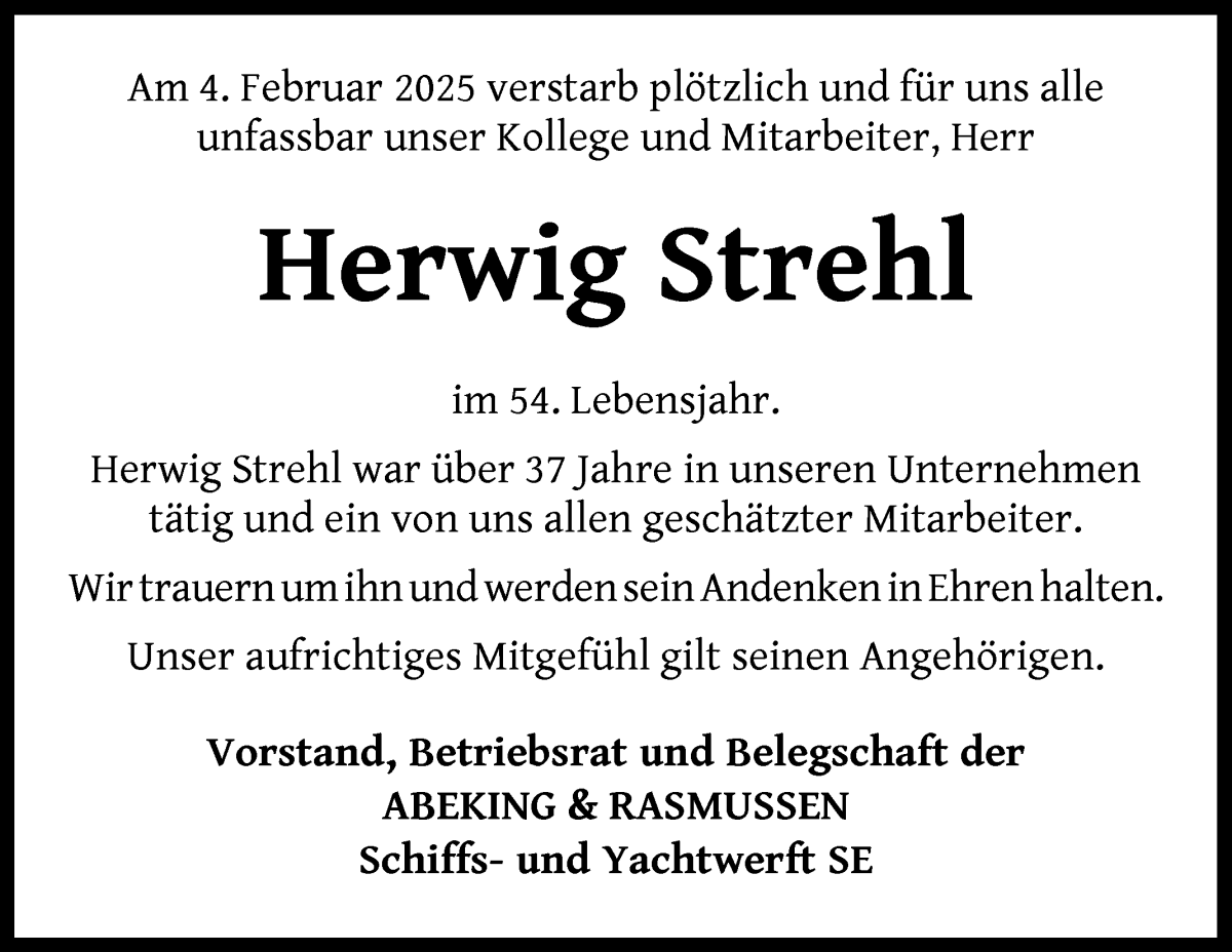 Traueranzeige von Herwig Strehl von Die Norddeutsche