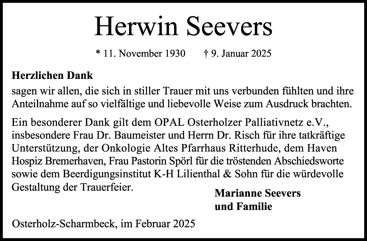 Traueranzeige von Herwin Seevers von Osterholzer Kreisblatt