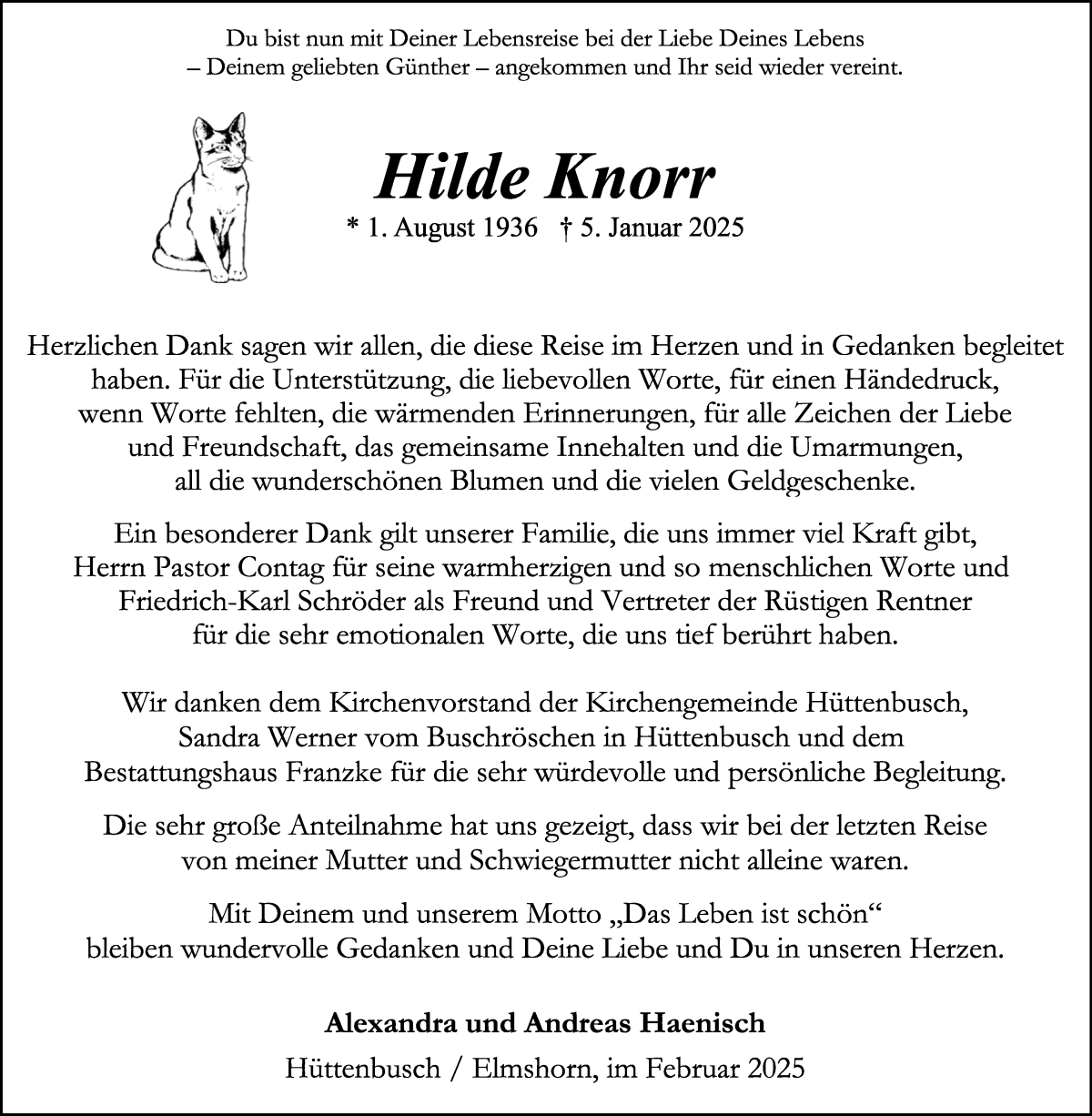 Traueranzeige von Hilde Knorr von Wuemme Zeitung