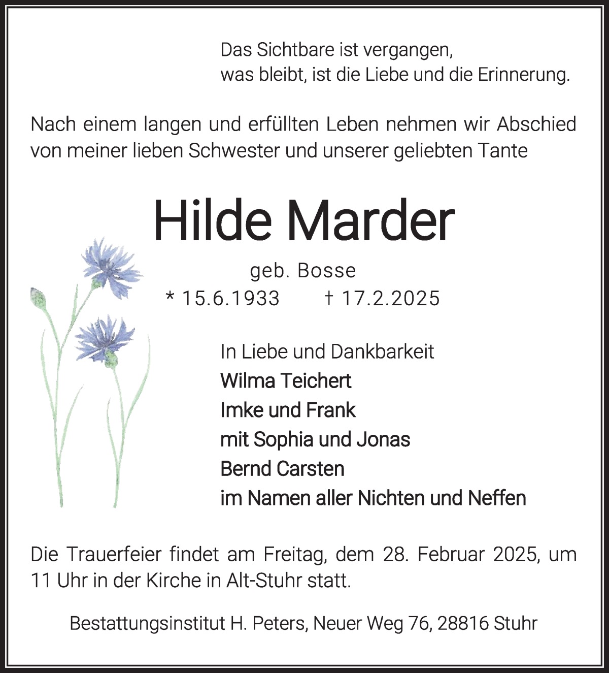Traueranzeige von Hilde Marder von WESER-KURIER