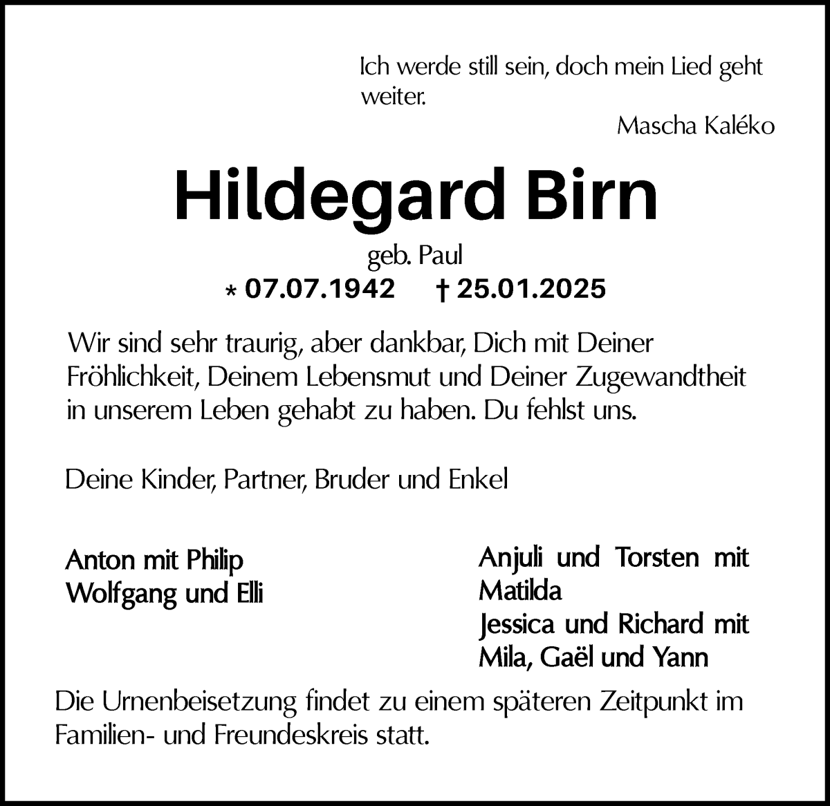 Traueranzeige von Hildegard Birn von WESER-KURIER