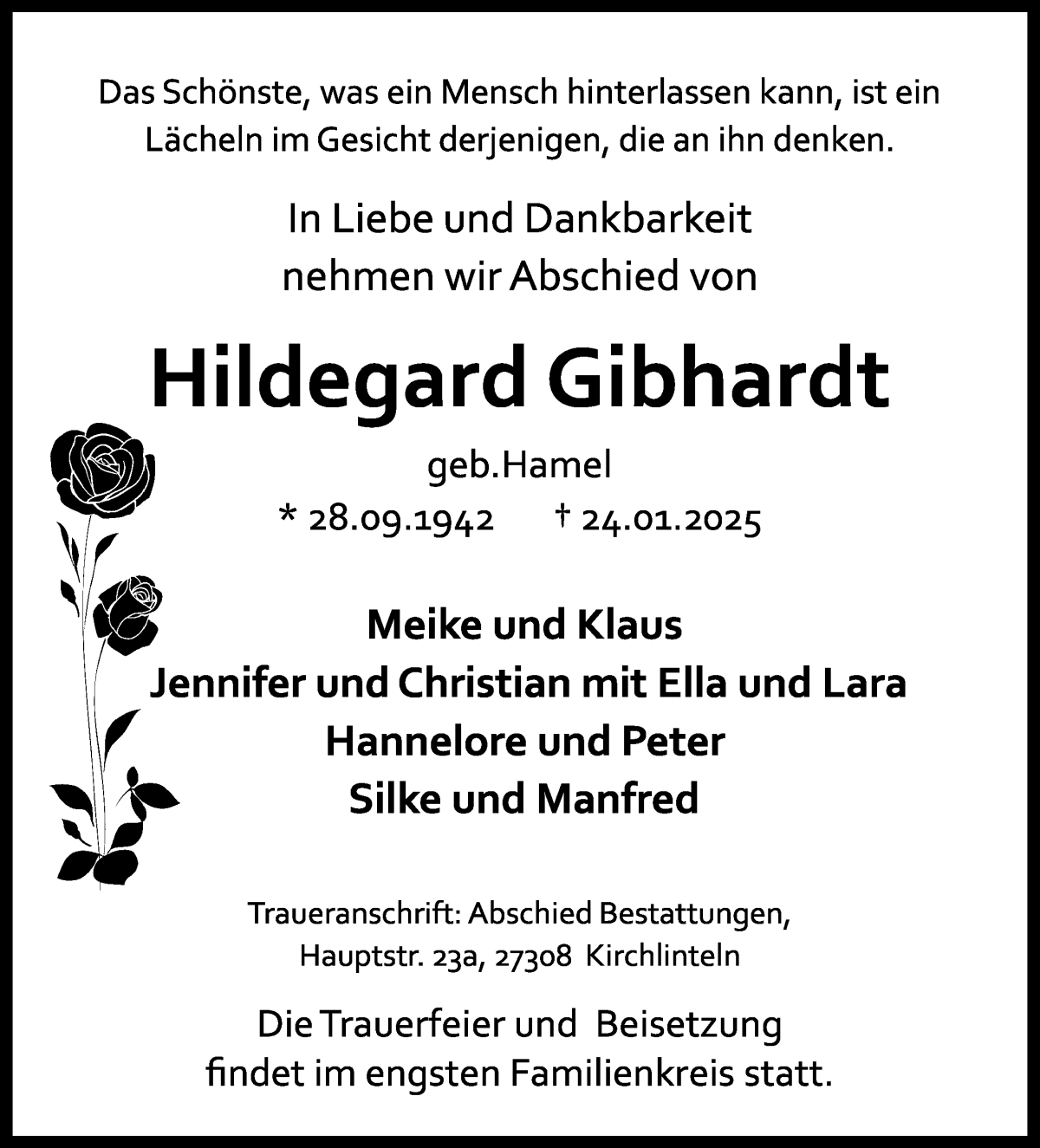 Traueranzeige von Hildegard Gibhardt von WESER-KURIER
