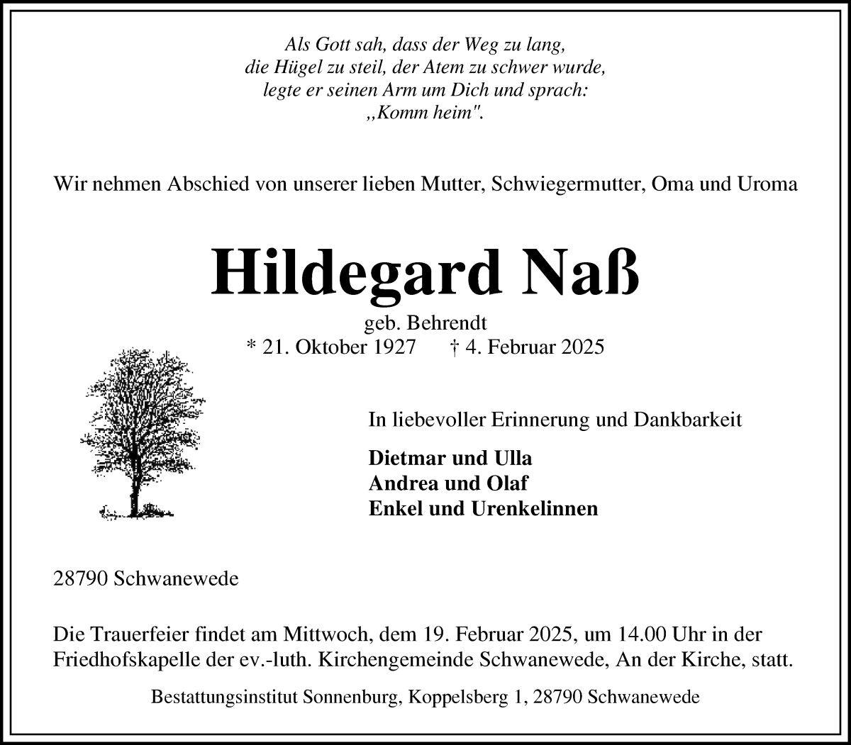Traueranzeige von Hildegard Naß von Die Norddeutsche