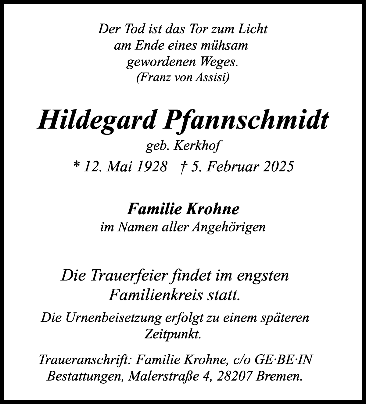 Traueranzeige von Hildegard Pfannschmidt von WESER-KURIER
