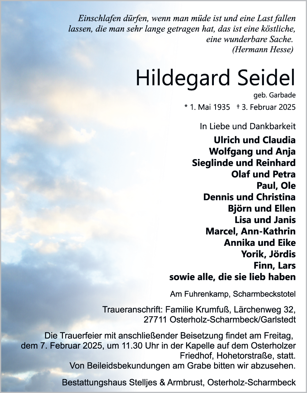 Traueranzeige von Hildegard Seidel von Osterholzer Kreisblatt