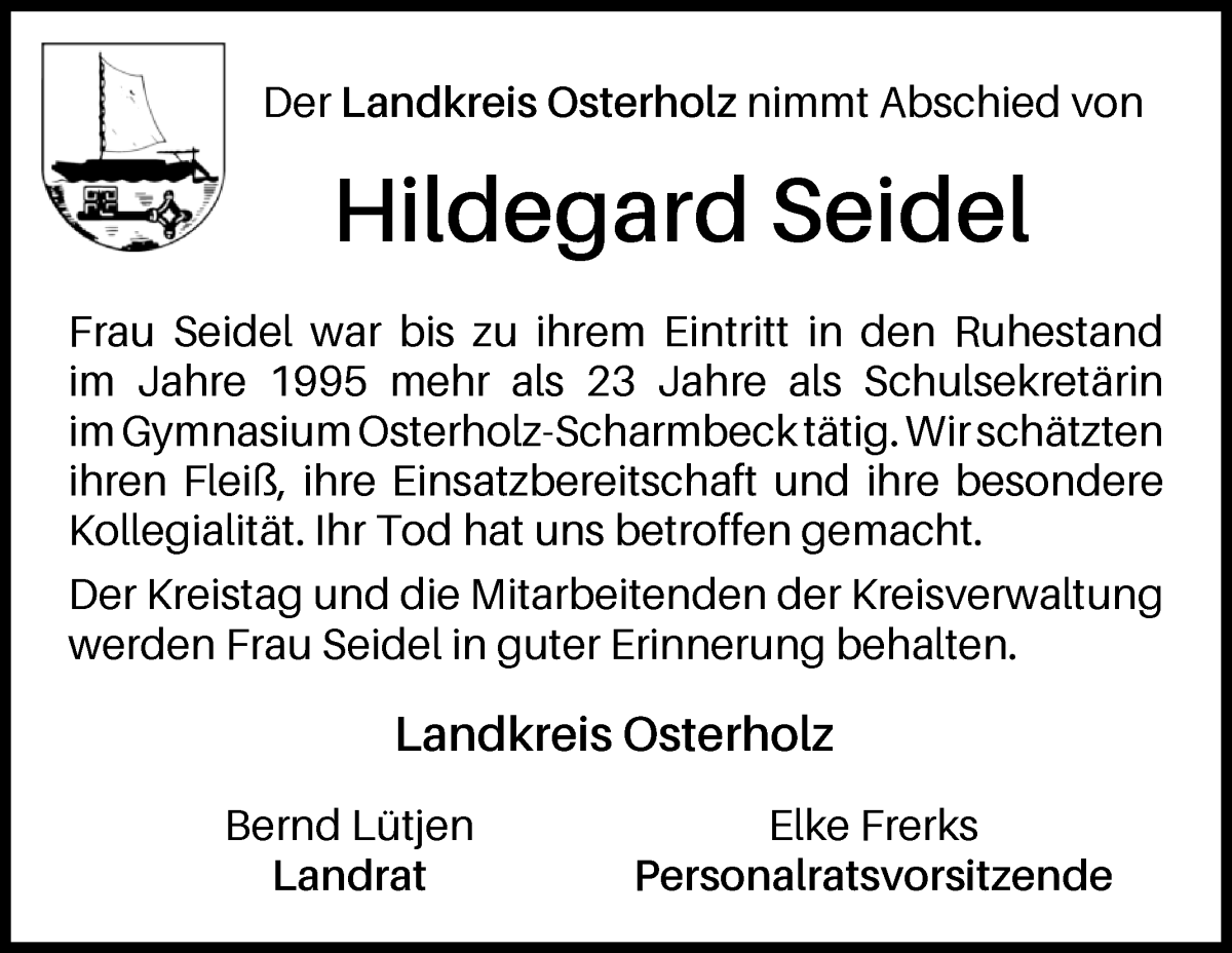 Traueranzeige von Hildegard Seidel von Osterholzer Kreisblatt