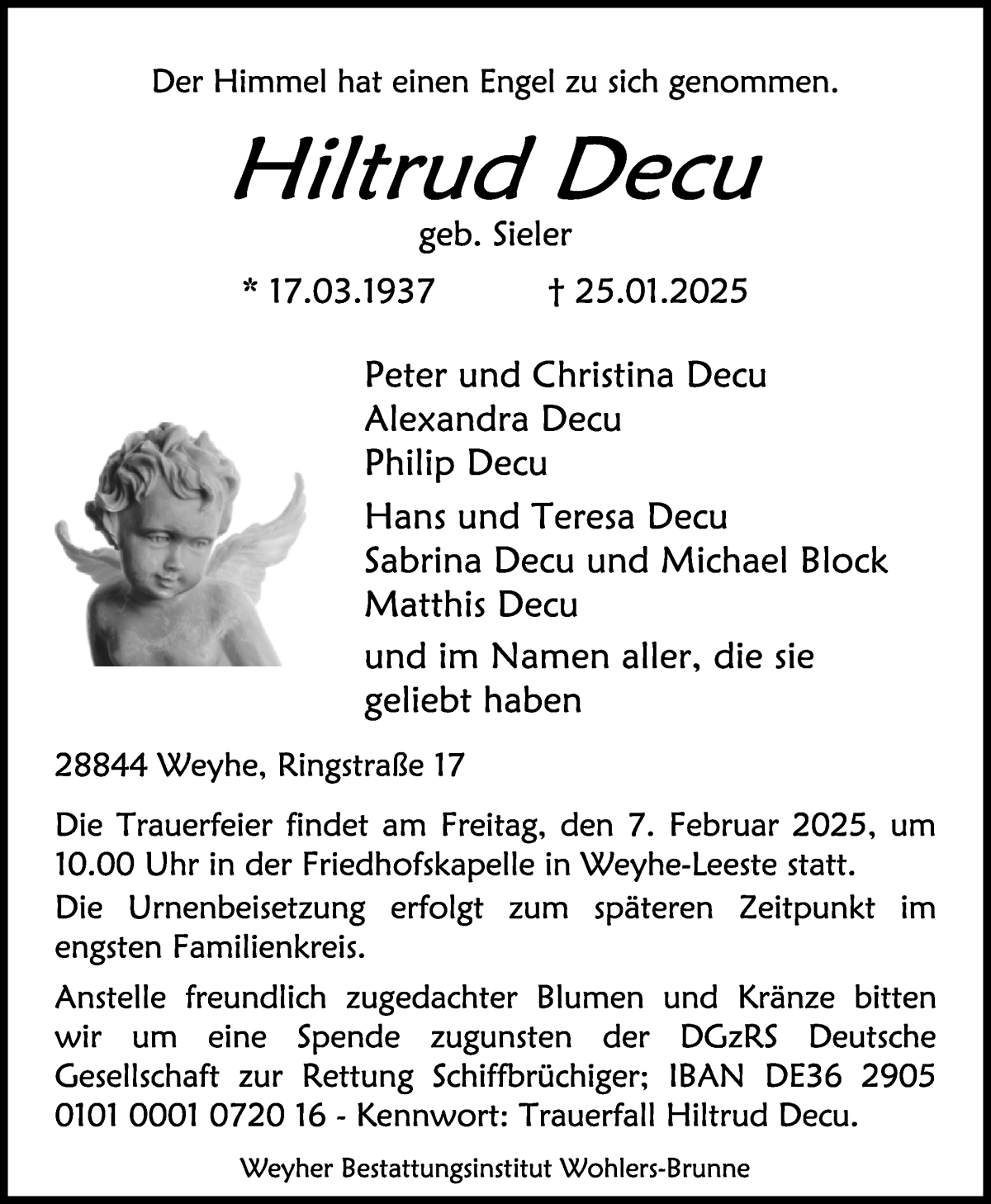 Traueranzeige von Hiltrud Decu von WESER-KURIER