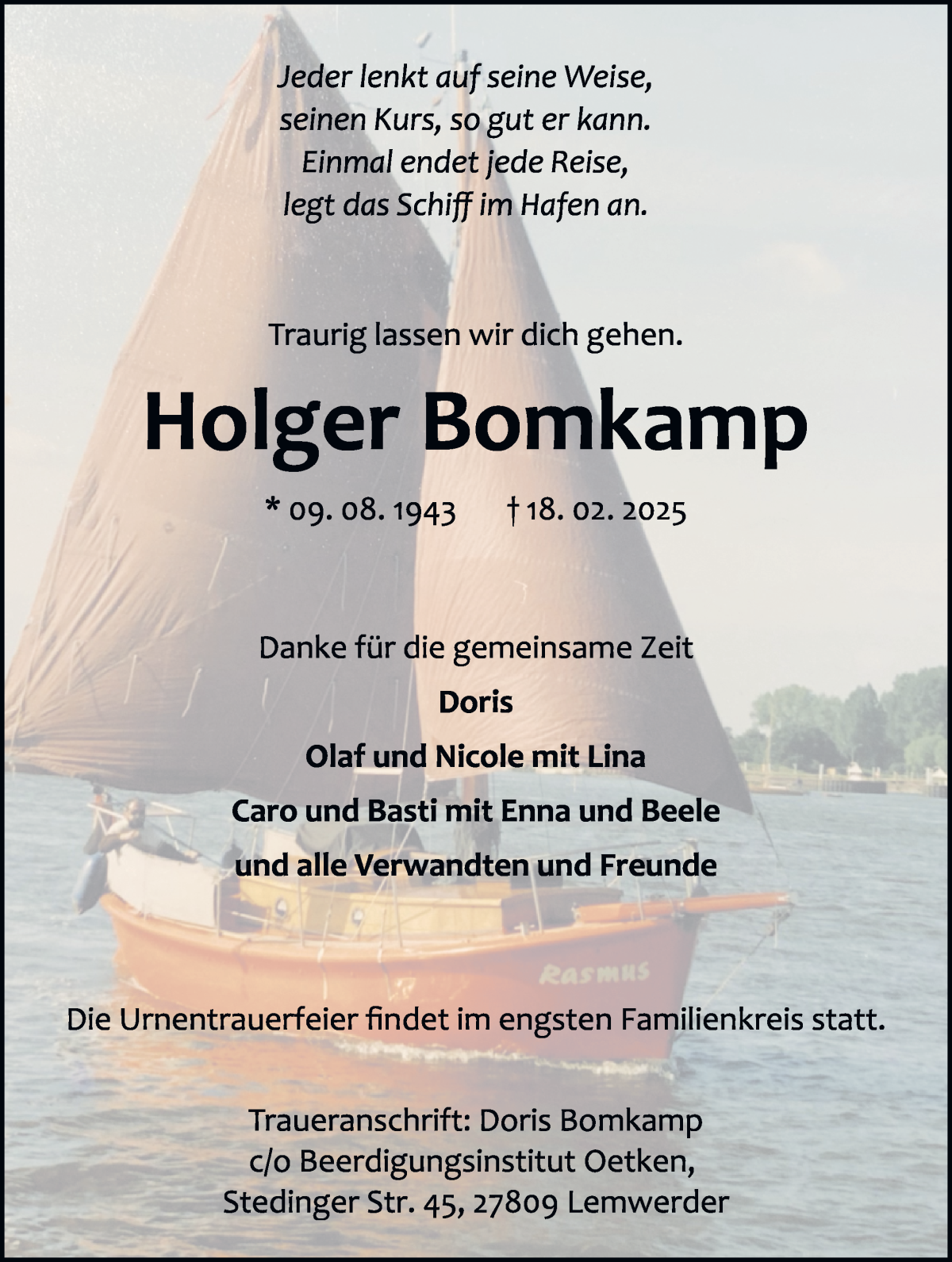 Traueranzeige von Holger Bomkamp von Die Norddeutsche