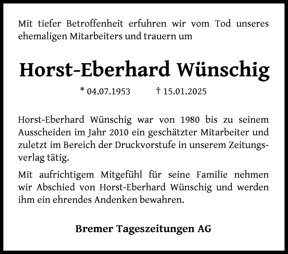 Traueranzeige von Horst-Eberhard Wünschig von WESER-KURIER