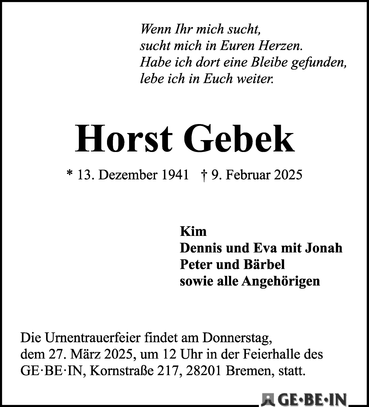 Traueranzeige von Horst Gebek von WESER-KURIER