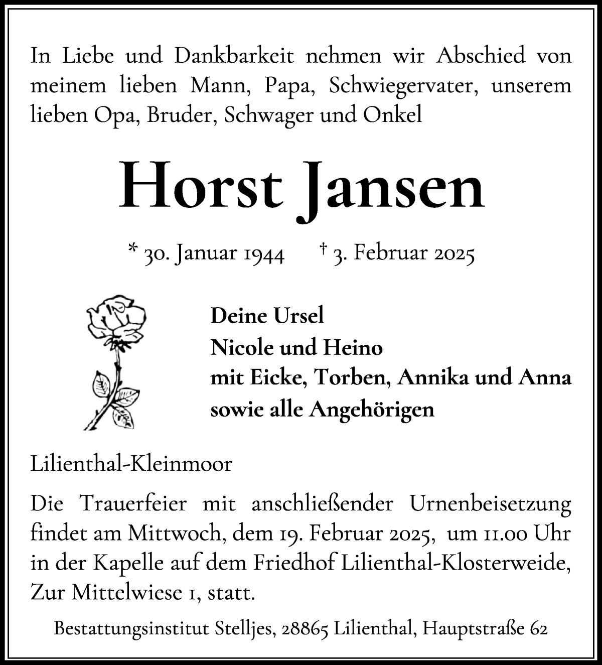 Traueranzeige von Horst Jansen von Wuemme Zeitung