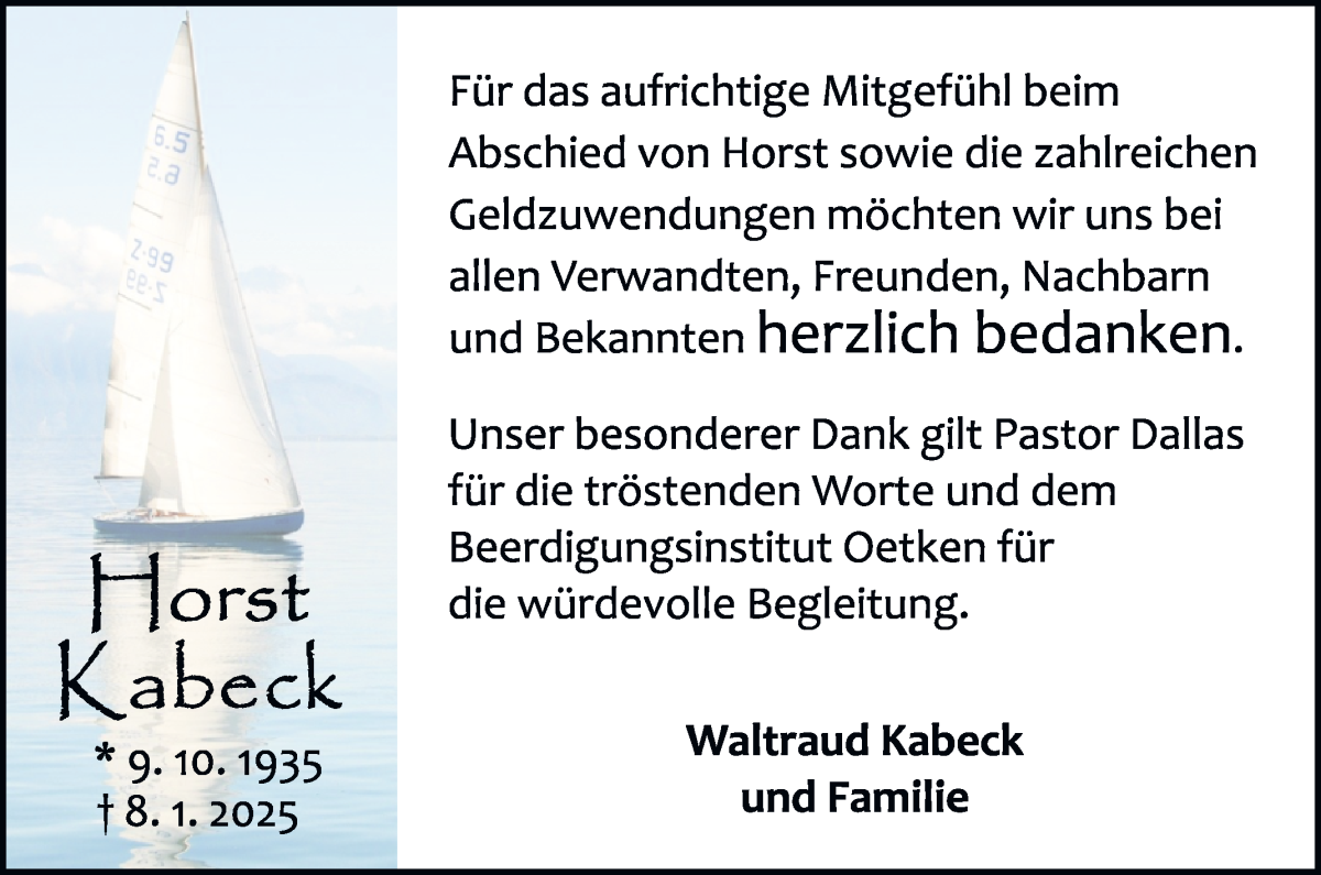 Traueranzeige von Horst Kabeck von Die Norddeutsche