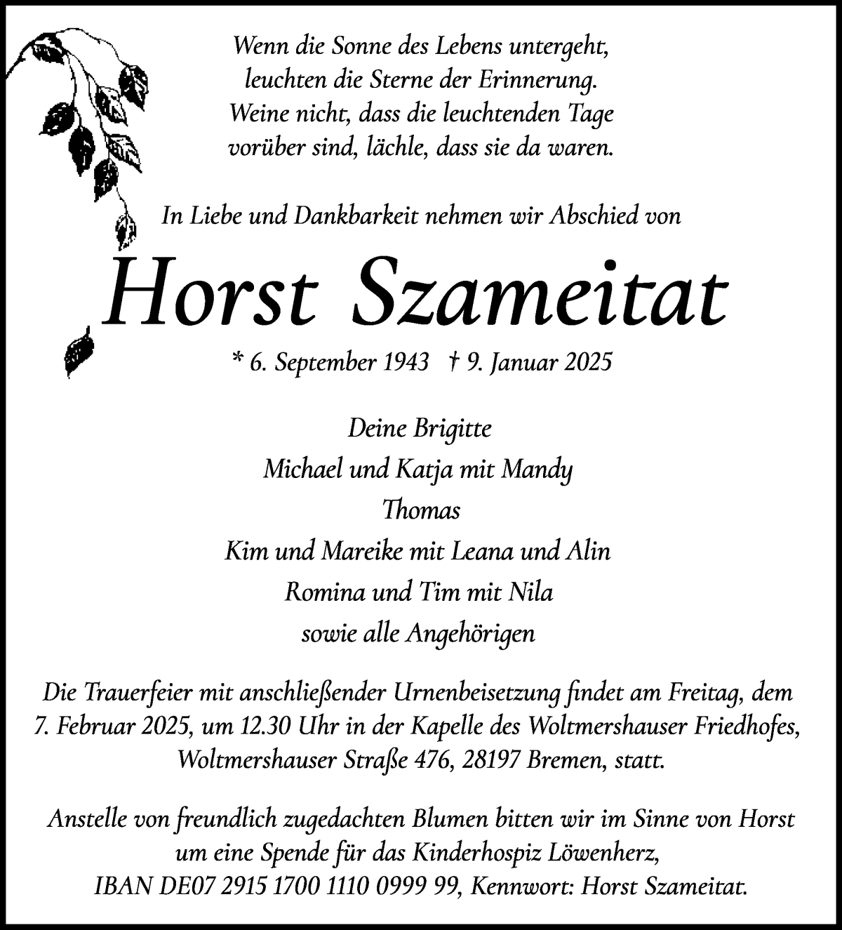 Traueranzeige von Horst Szameitat von WESER-KURIER