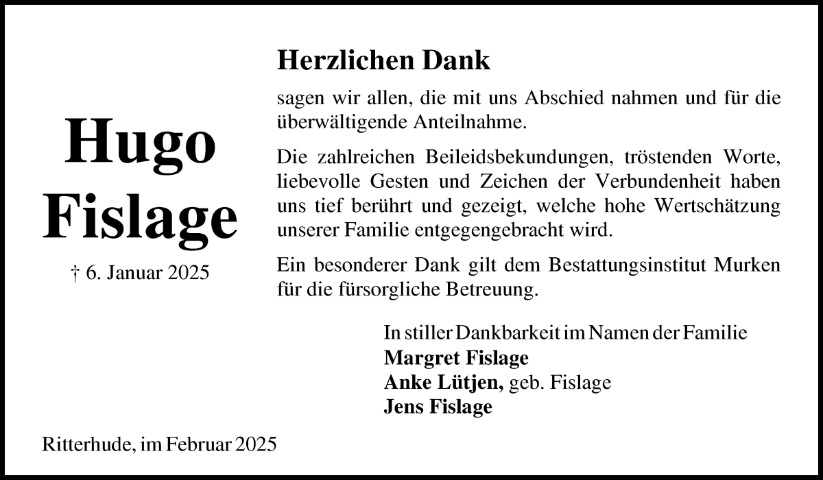 Traueranzeige von Hugo Fislage von Osterholzer Kreisblatt