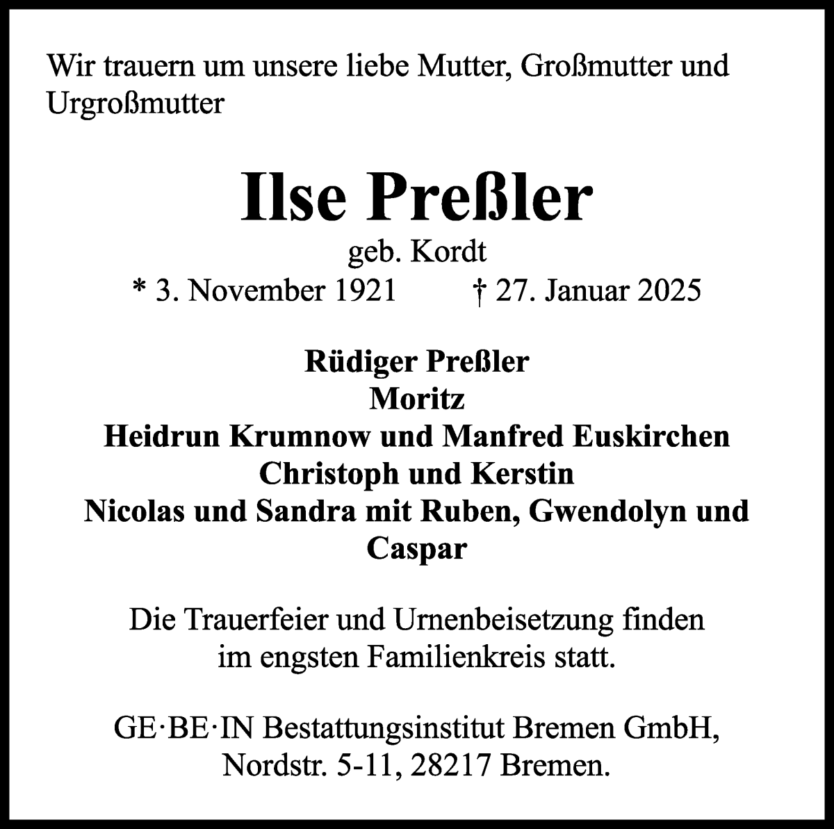 Traueranzeige von Ilse Preßler von WESER-KURIER