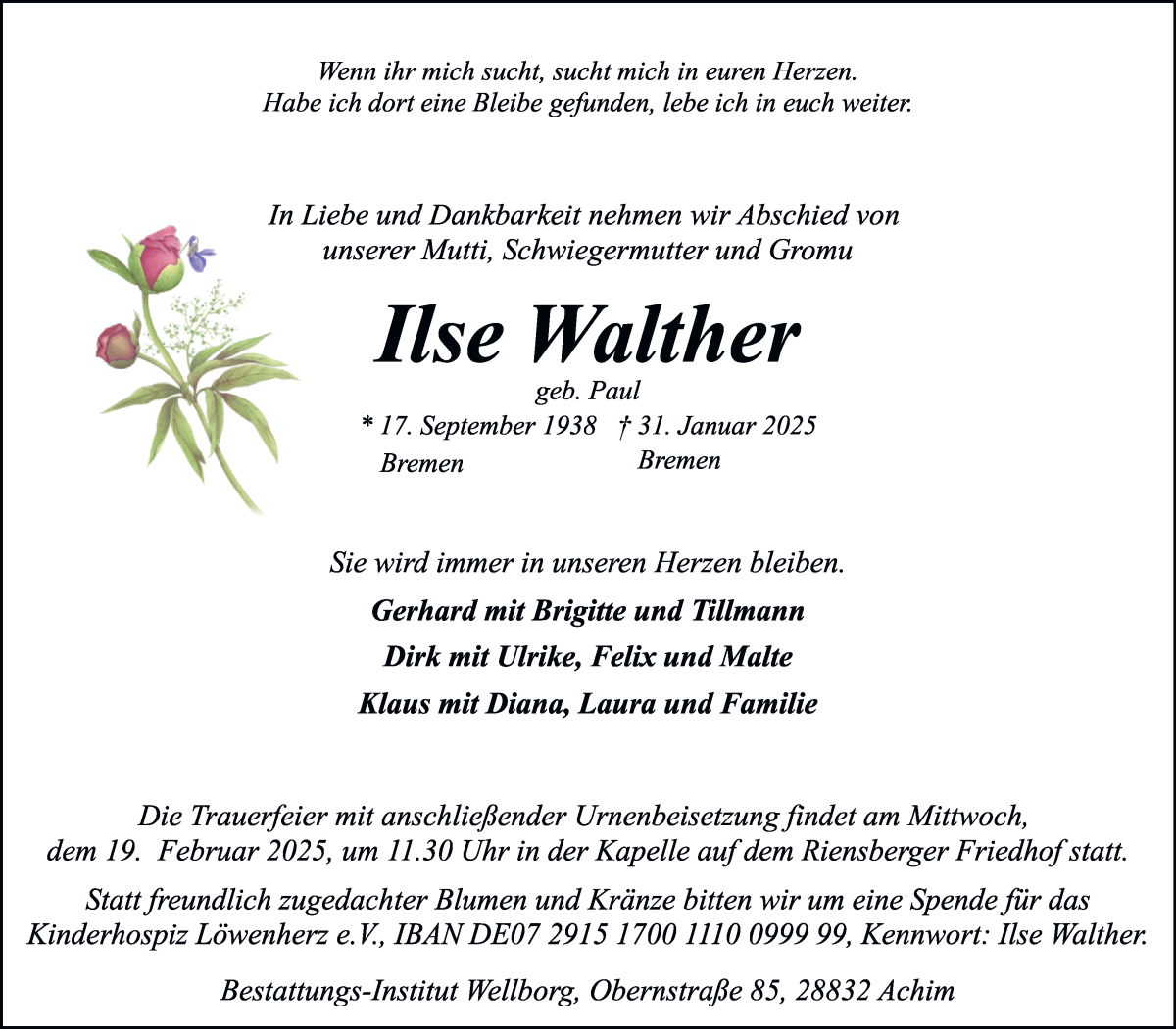 Traueranzeige von Ilse Walther von WESER-KURIER
