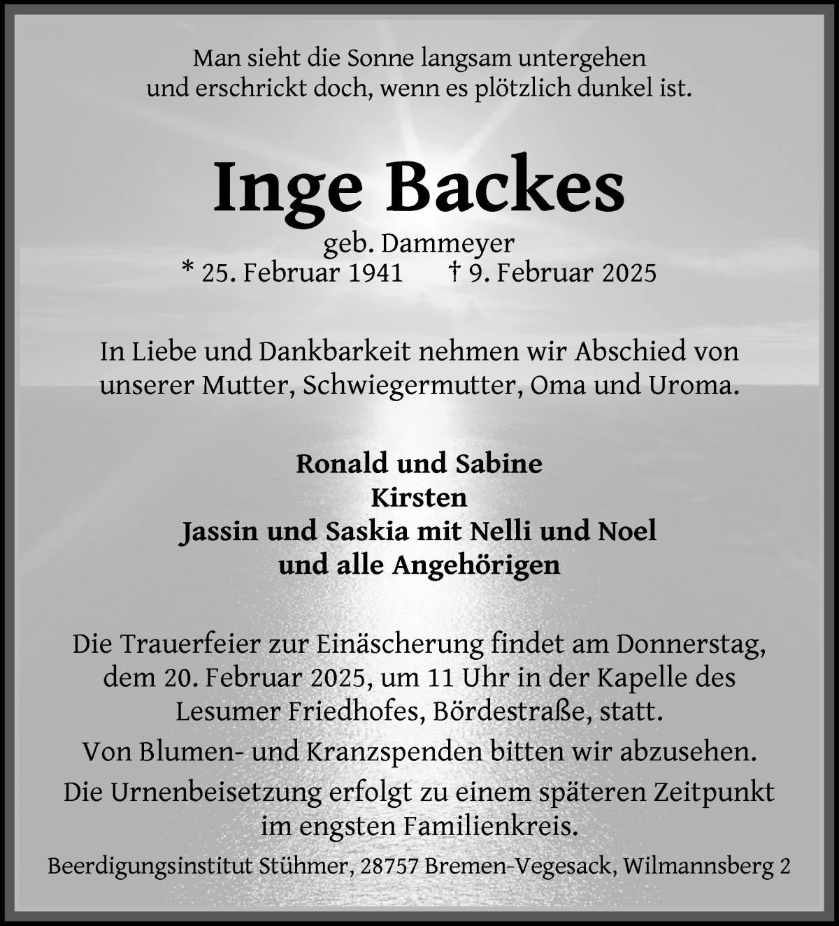 Traueranzeige von Inge Backes von WESER-KURIER