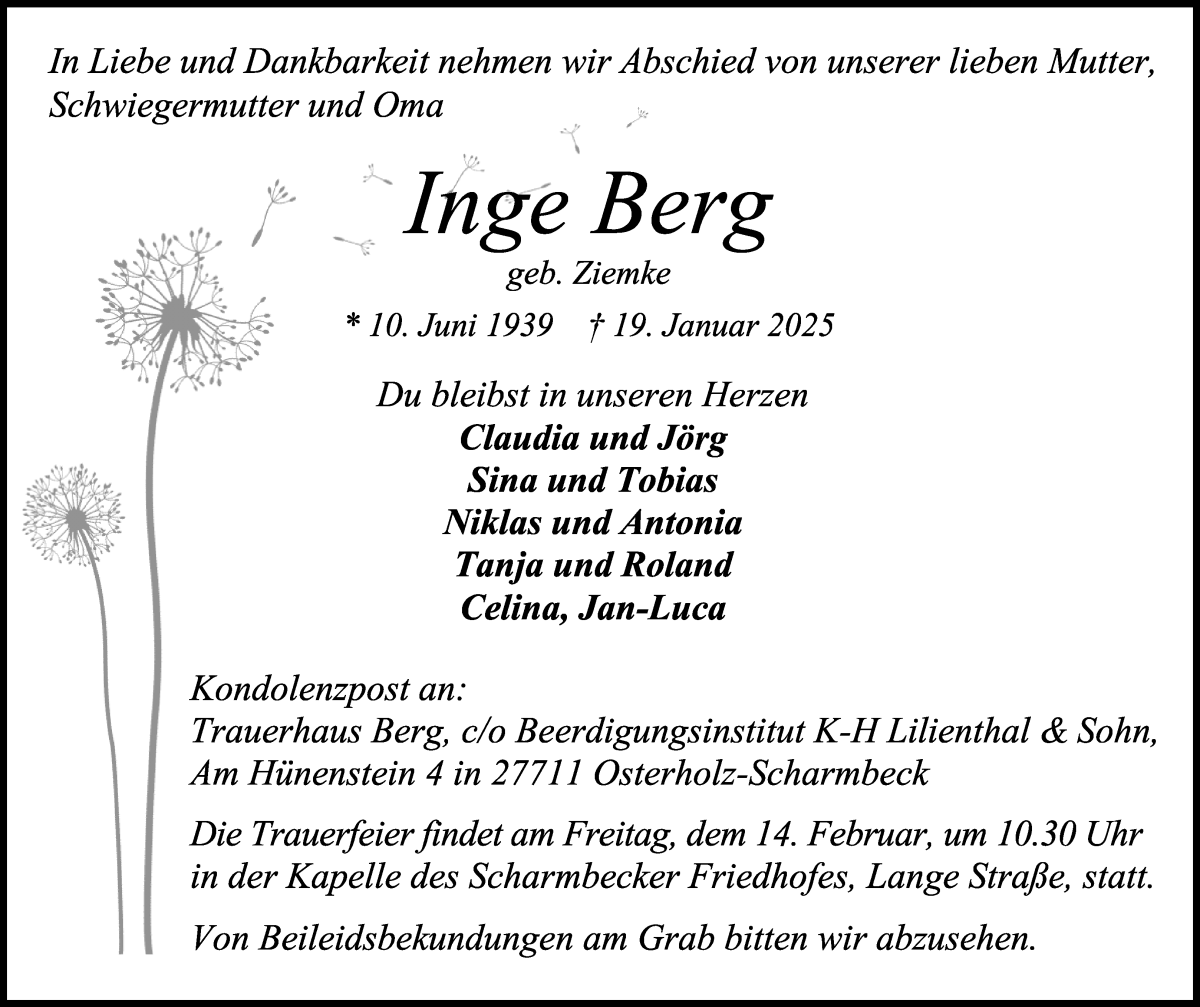 Traueranzeige von Inge Berg von Osterholzer Kreisblatt