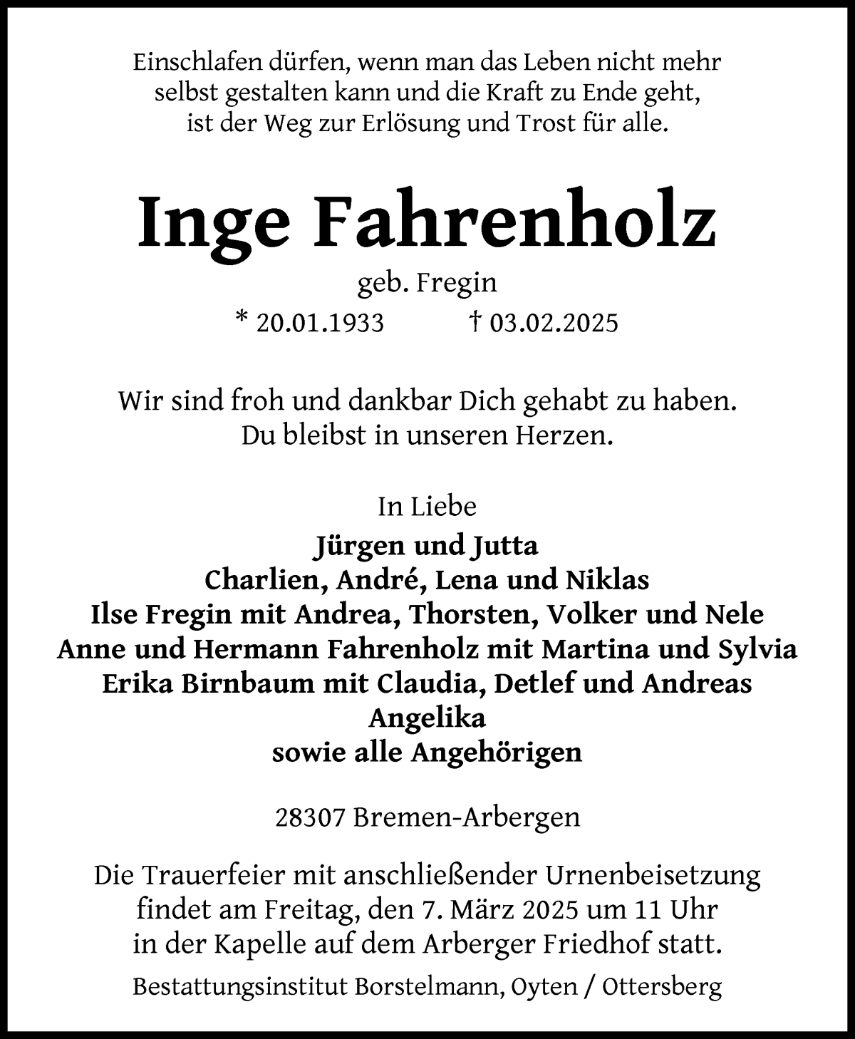 Traueranzeige von Inge Fahrenholz von WESER-KURIER
