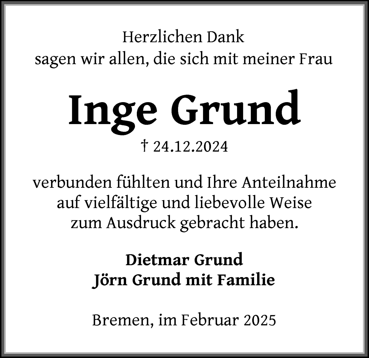 Traueranzeige von Inge Grund von WESER-KURIER