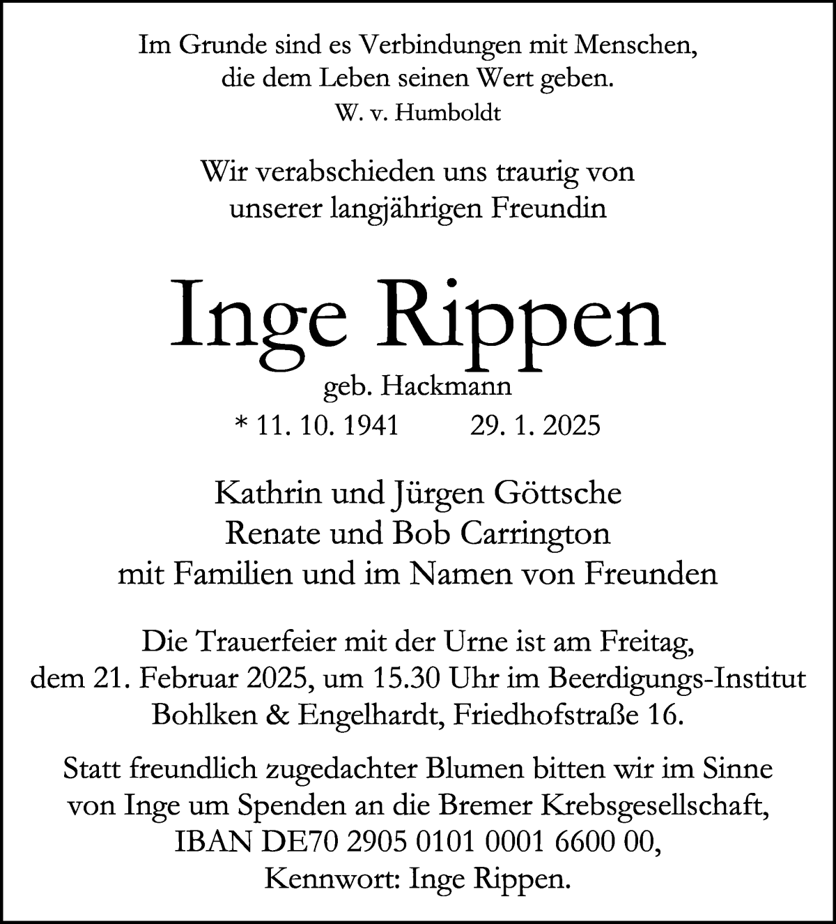 Traueranzeige von Inge Rippen von WESER-KURIER