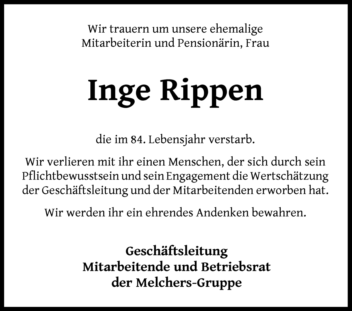 Traueranzeige von Inge Rippen von WESER-KURIER