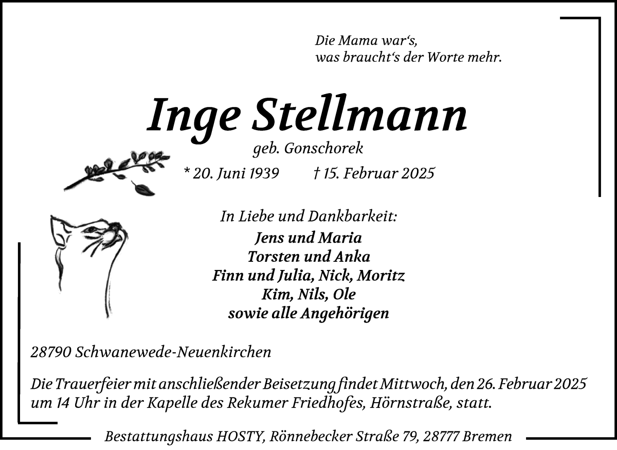 Traueranzeige von Inge Stellmann von Die Norddeutsche