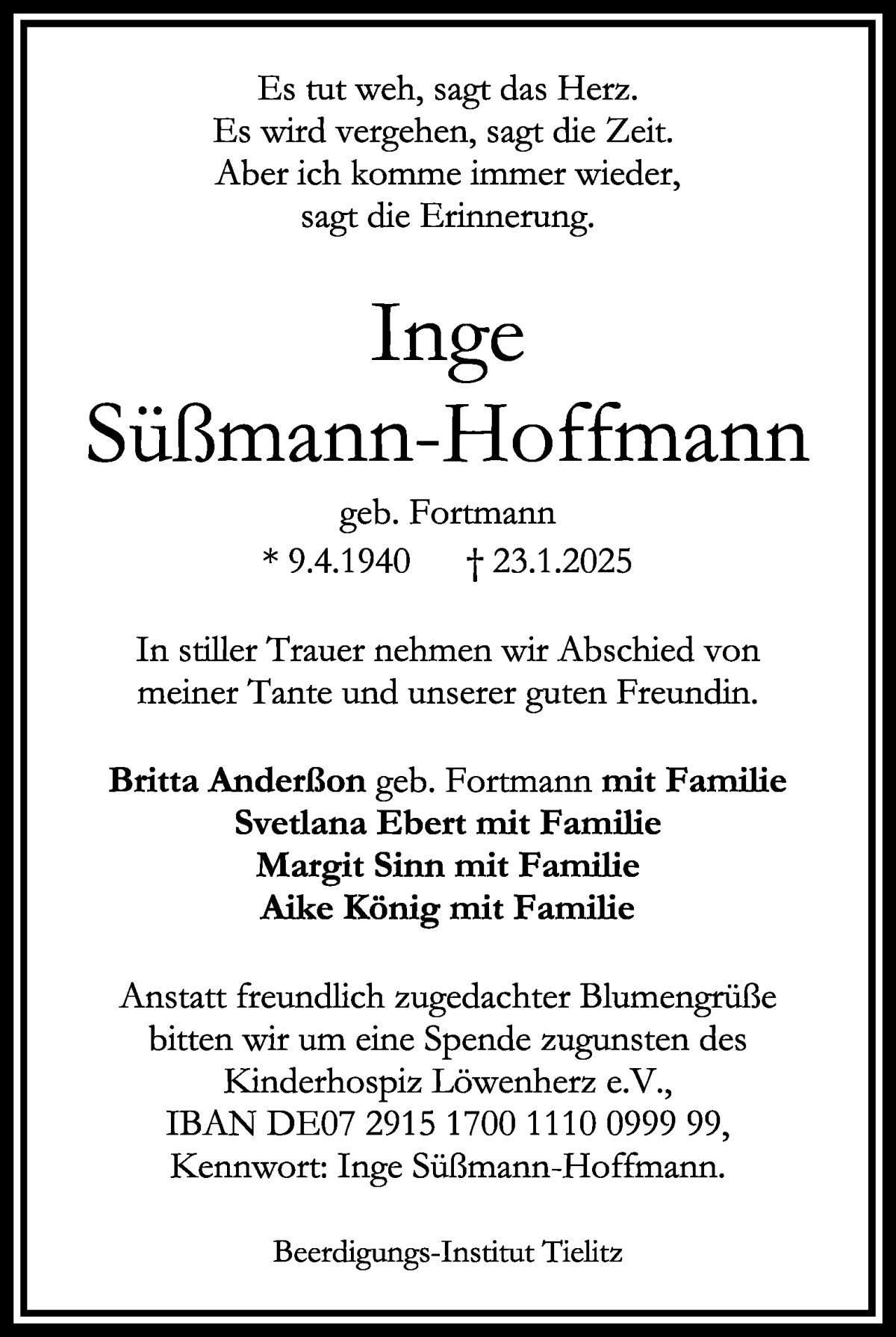 Traueranzeige von Inge Süßmann-Hoffmann von WESER-KURIER