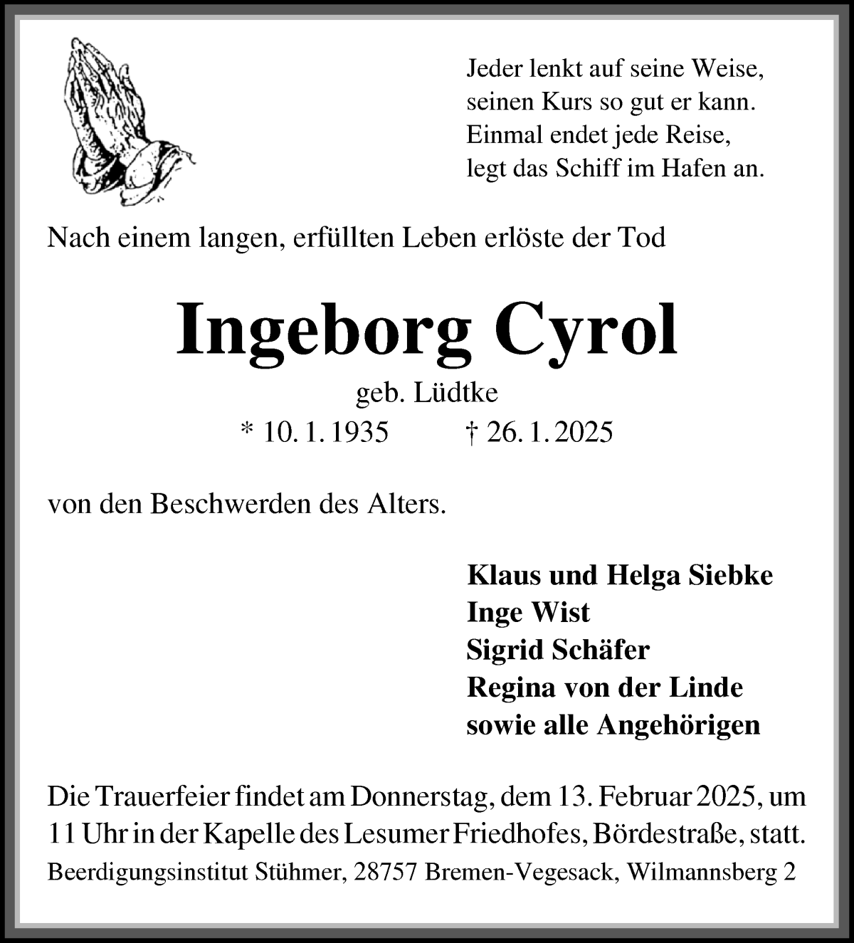 Traueranzeige von Ingeborg Cyrol von Die Norddeutsche