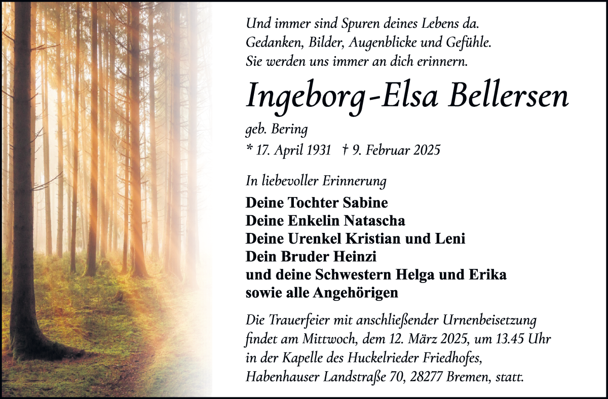 Traueranzeige von Ingeborg-Elsa Bellersen von WESER-KURIER