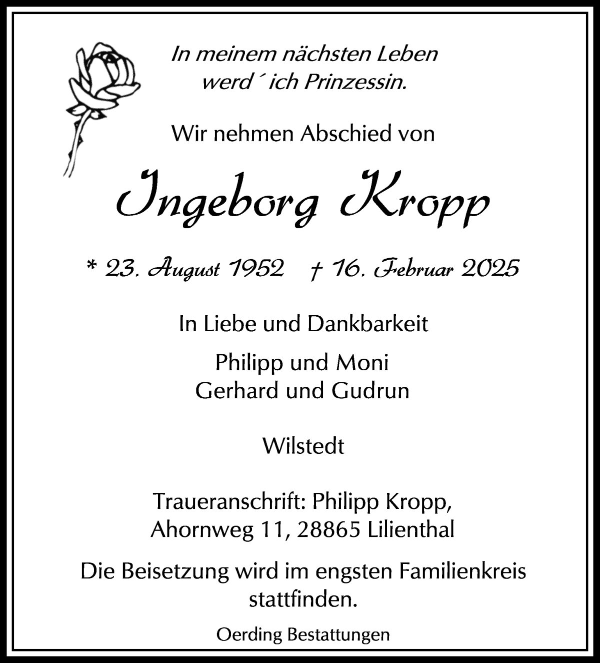 Traueranzeige von Ingeborg Kropp von WESER-KURIER