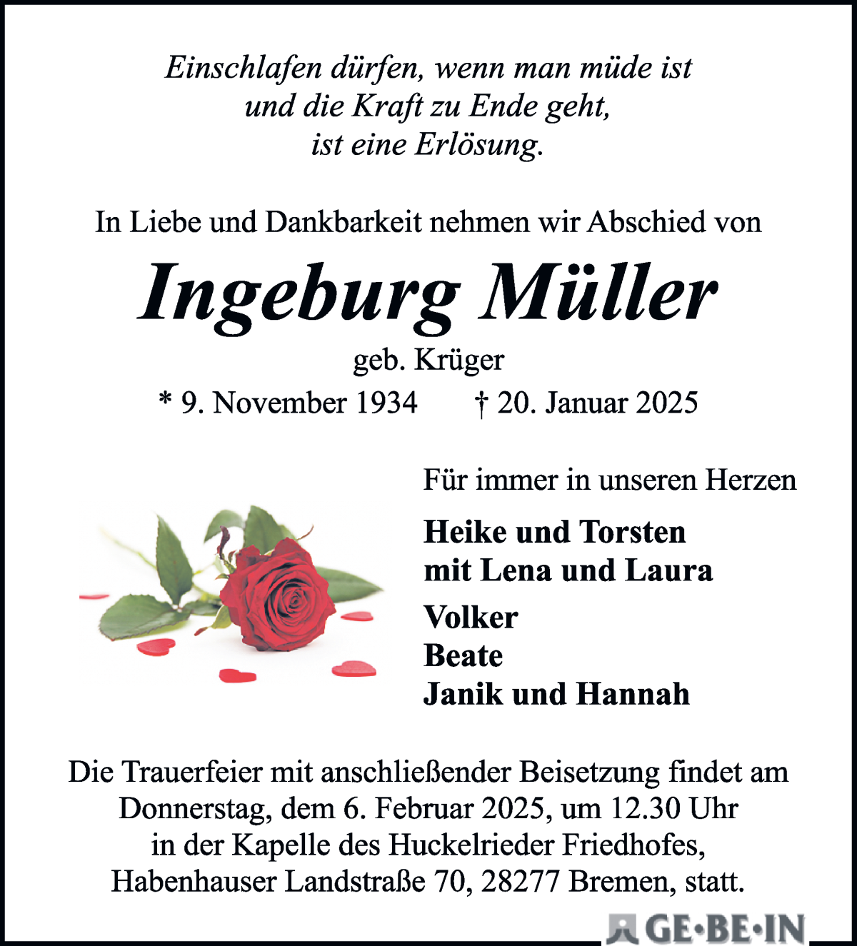 Traueranzeige von Ingeburg Müller von WESER-KURIER
