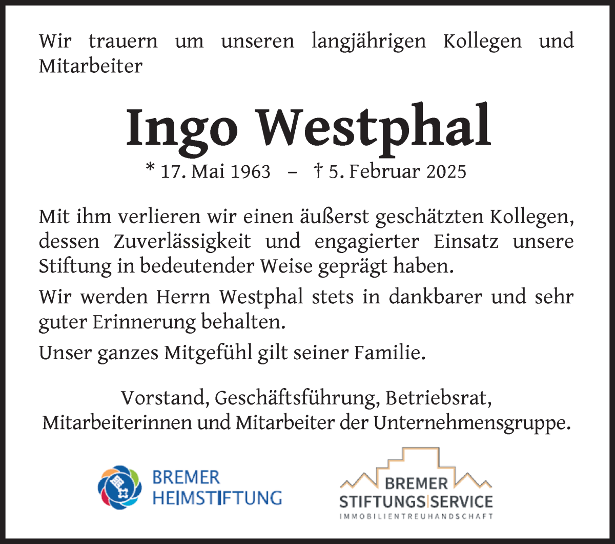 Traueranzeige von Ingo Westphal von WESER-KURIER
