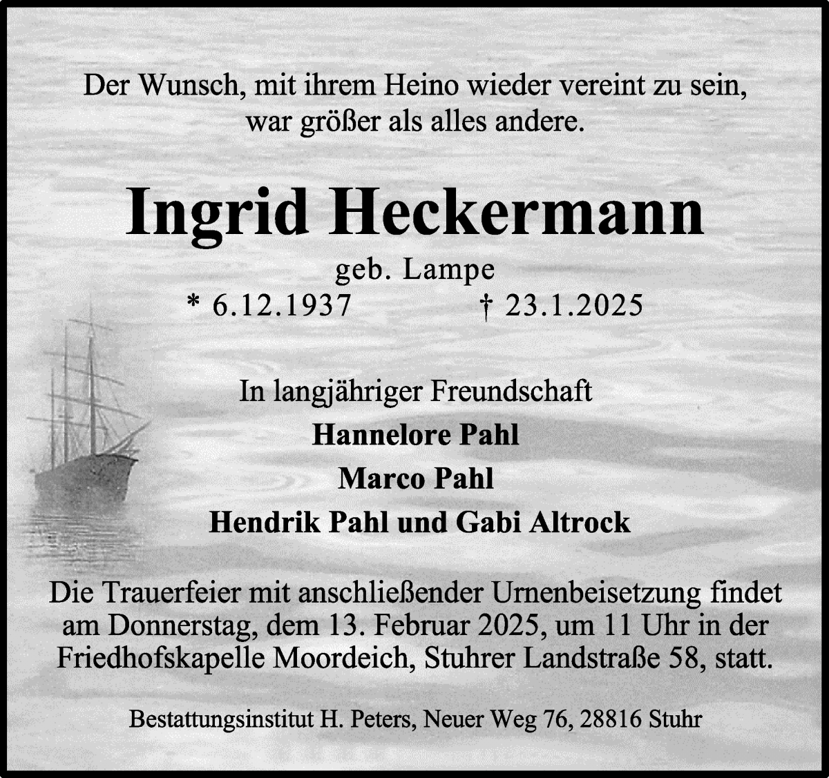 Traueranzeige von Ingrid Heckermann von WESER-KURIER