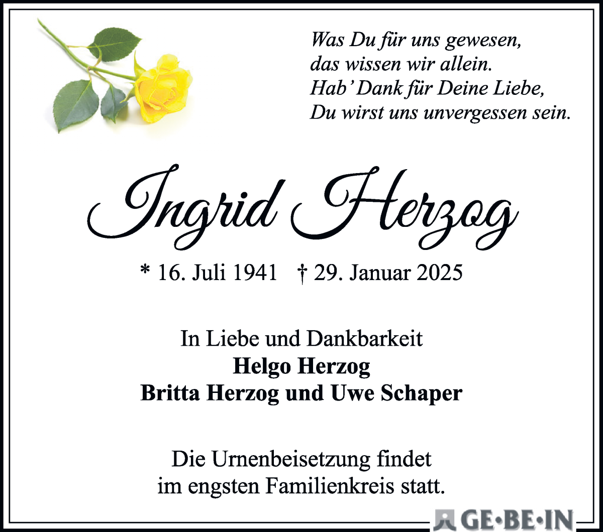 Traueranzeige von Ingrid Herzog von WESER-KURIER
