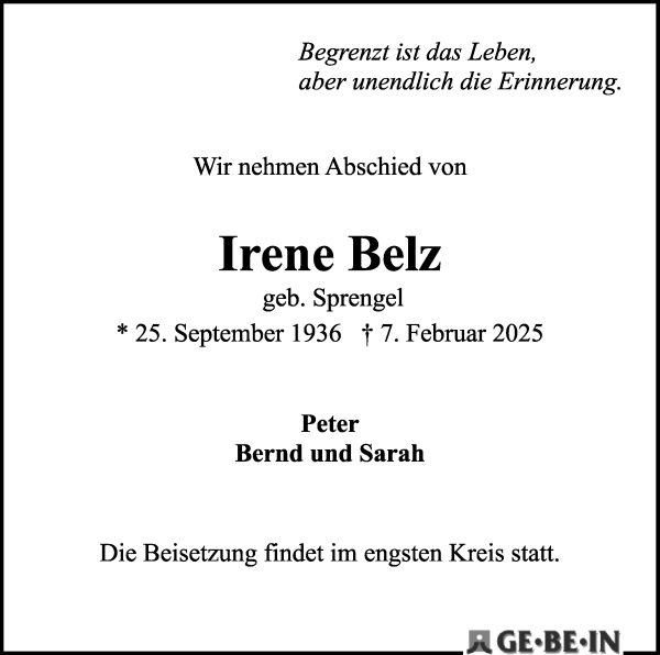 Traueranzeige von Irene Belz von WESER-KURIER