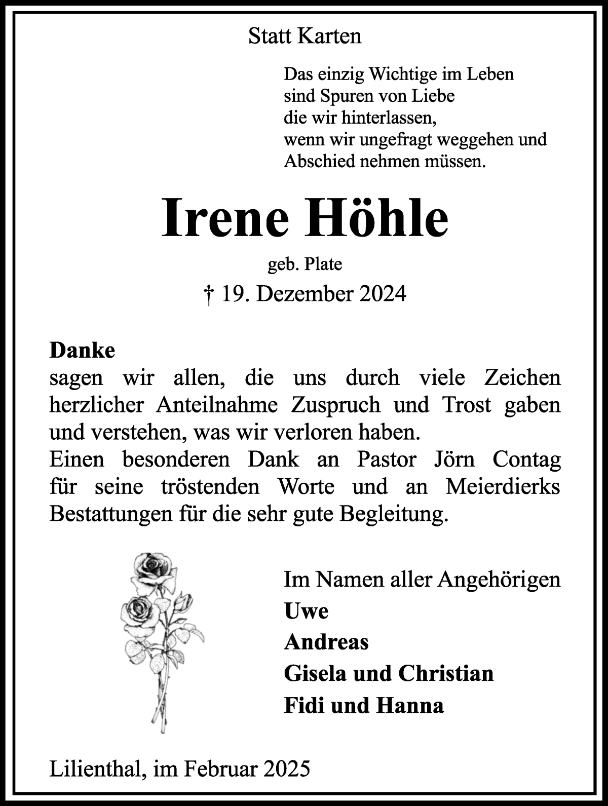 Traueranzeige von Irene Höhle von Wuemme Zeitung