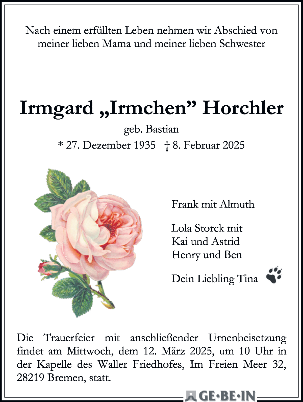 Traueranzeige von Irmgard Horchler von WESER-KURIER
