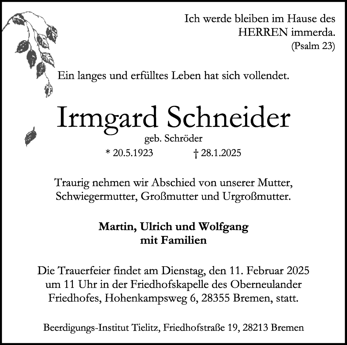 Traueranzeige von Irmgard Schneider von WESER-KURIER