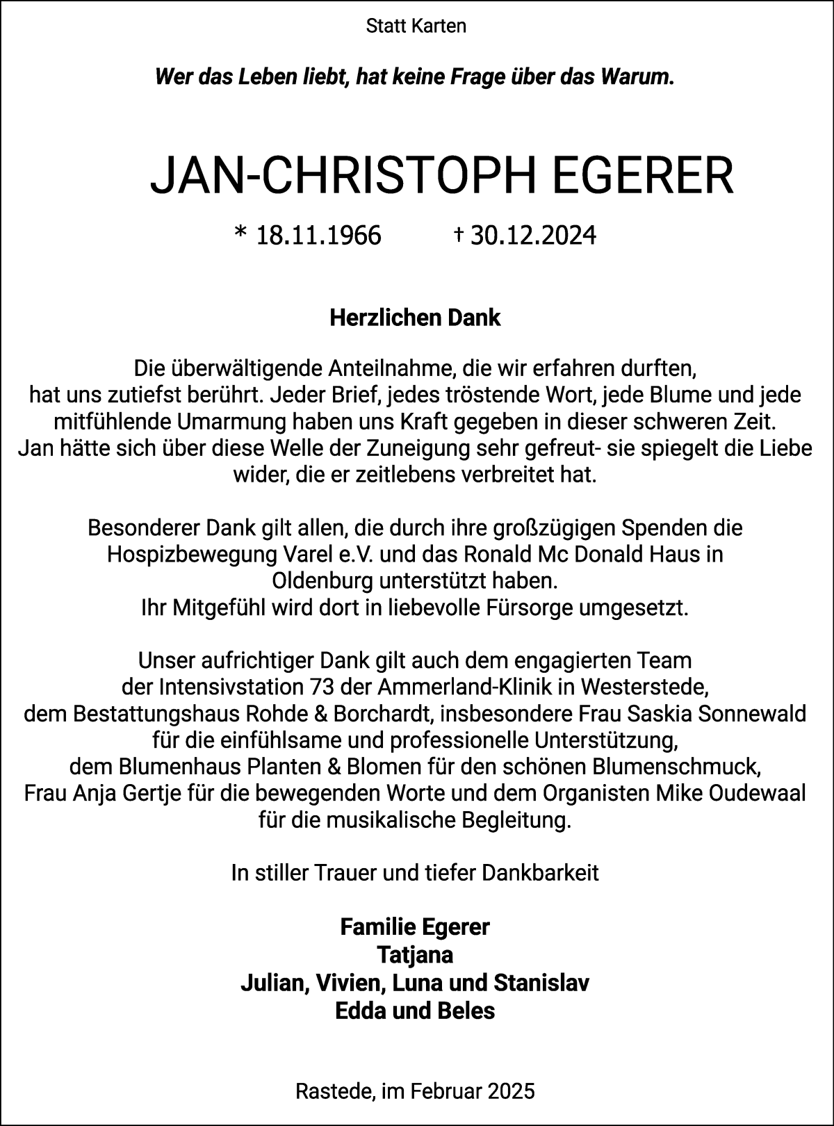 Traueranzeige von Jan-Christoph Egerer von WESER-KURIER