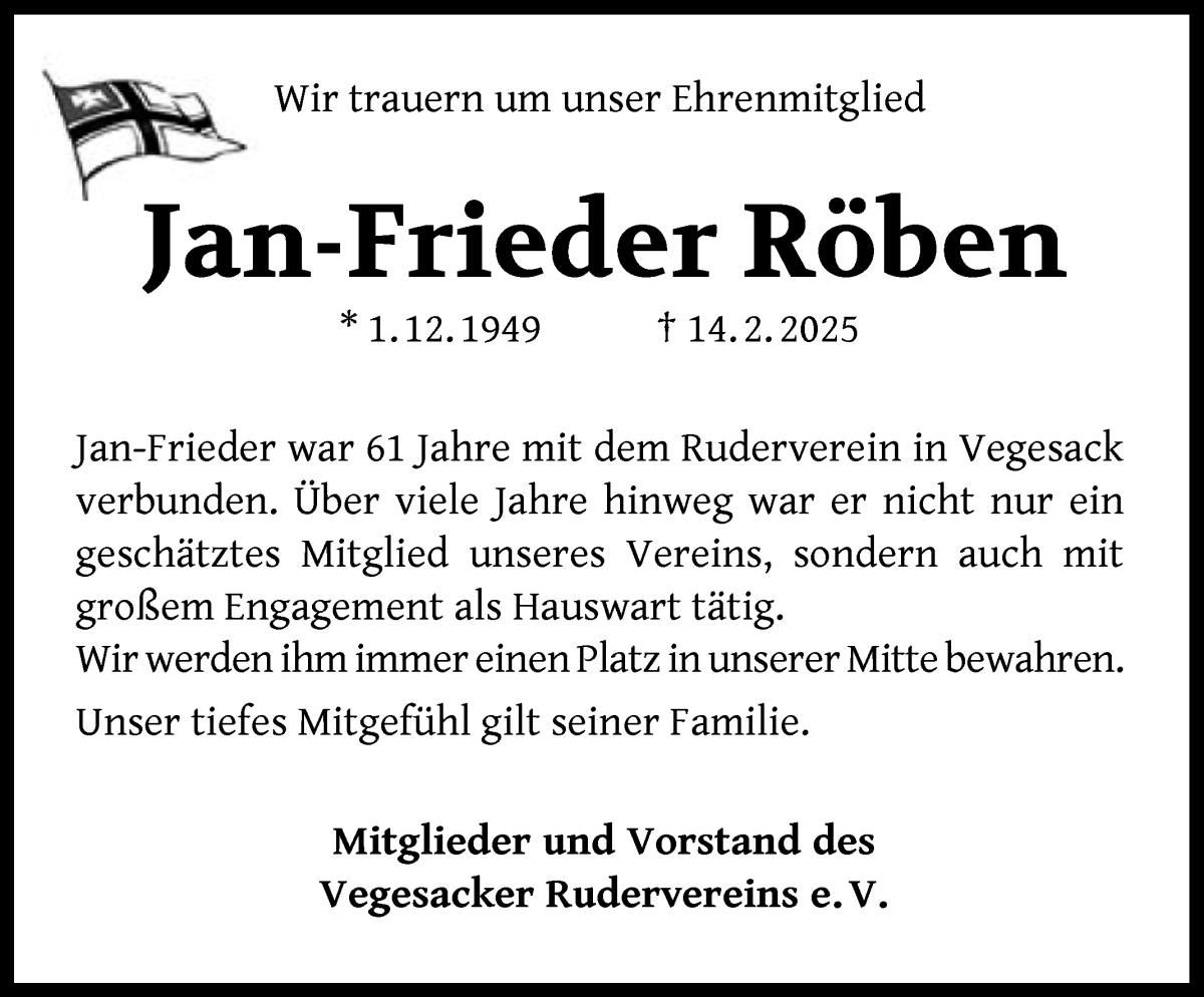 Traueranzeige von Jan-Frieder Röben von Die Norddeutsche