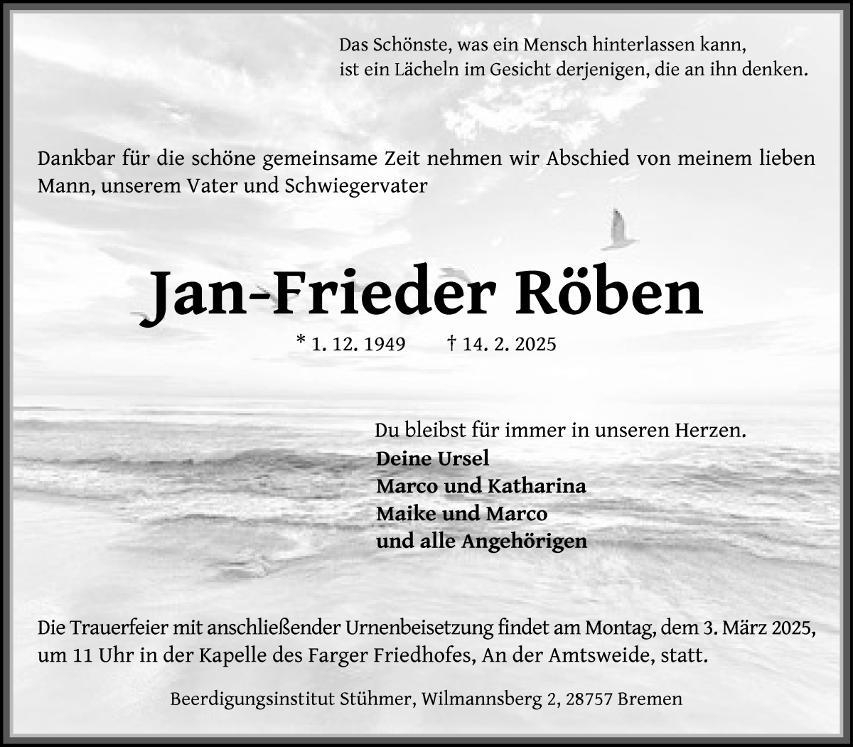 Traueranzeige von Jan-Frieder Röben von Die Norddeutsche