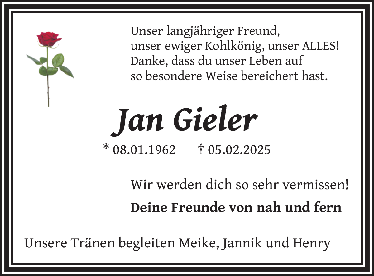Traueranzeige von Jan Gieler von WESER-KURIER