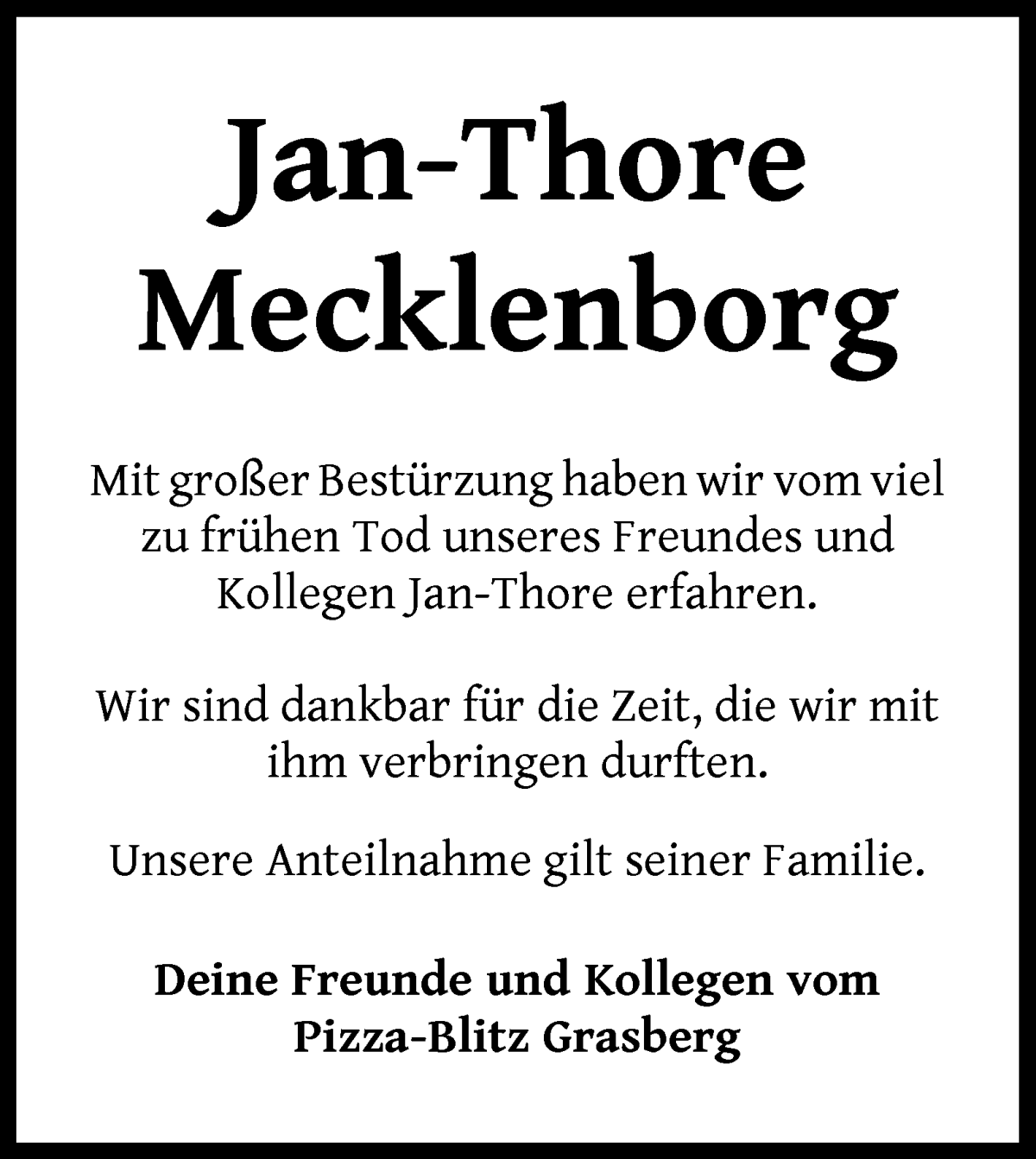 Traueranzeige von Jan-Thore Mecklenborg von Wuemme Zeitung